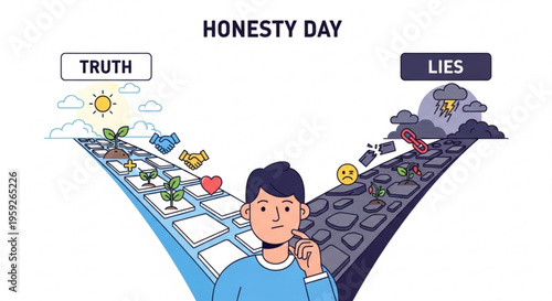 Man choosing between truth and lies on honesty day symbolizing moral dilemma and decision making