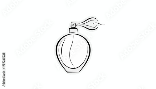 Hand-drawn perfume bottle spraying fragrance, minimalist sketch on white background