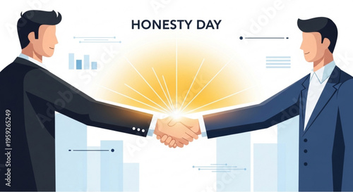Two businessmen shaking hands on honesty day with a bright sunburst