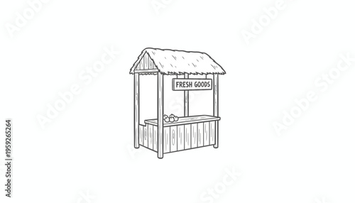 Hand-drawn sketch of a rustic fresh goods market stall with a thatched roof.