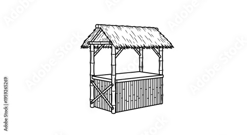 Hand-drawn sketch of a rustic bamboo market stall with thatched roof