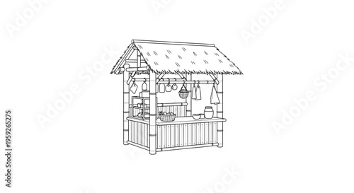Hand-drawn sketch of a rustic market stall with thatched roof and hanging goods