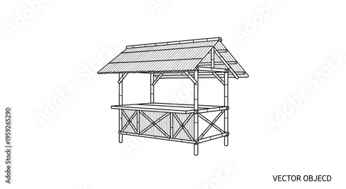 Hand-drawn sketch of a traditional bamboo market stall with thatched roof