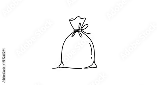 Hand-drawn sketch of a tied drawstring bag, simple line art, isolated on white background