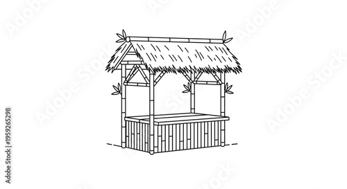 Hand-drawn sketch of a traditional bamboo stall with a thatched roof, perfect for markets and tropical settings.