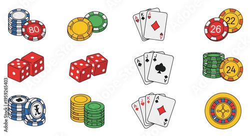Casino Gambling Icons: Poker Chips, Dice, Playing Cards, Roulette Wheel