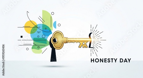 Vibrant honesty day illustration with golden key unlocking abstract colorful shapes on white background