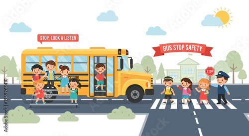 Children Learn Bus Stop Safety Rules Crossing Road Near School