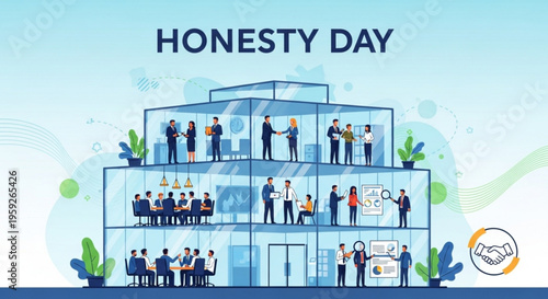 Business people celebrating honesty day in a modern office building with transparent walls