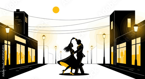 Couple Dancing Romantically on City Street at Night