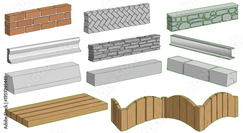 Construction Materials Collection: Bricks, Stone, Wood, Metal Elements
