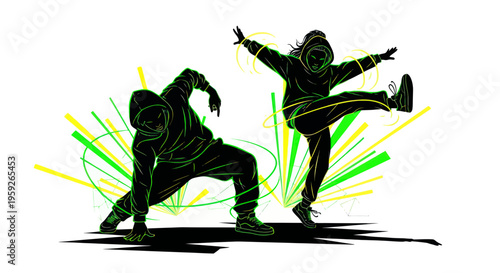 Dynamic Hip Hop Dancers Silhouette, Breakdancing Energy, Urban Street Dance Moves