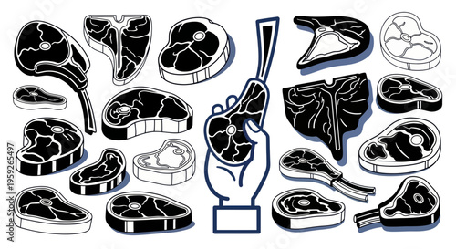 Hand Holding Raw Meat Steak Cuts Collection
