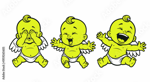 Three cartoon babies with wings, expressing joy and surprise, isolated on white background