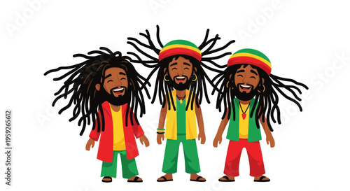 Three Rastafarian Men with Dreadlocks and Colorful Outfits
