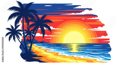 Tropical beach sunset with palm trees and vibrant ocean waves