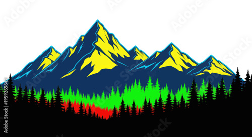Vibrant Mountain Range with Pine Forest and Forest Fire