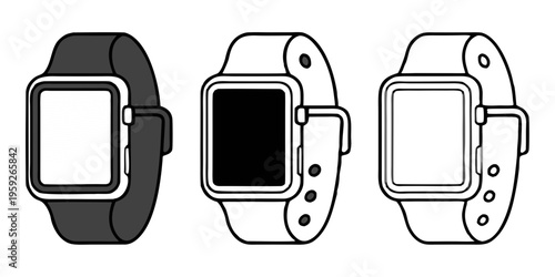 Three smartwatch designs shown in simple line art style
