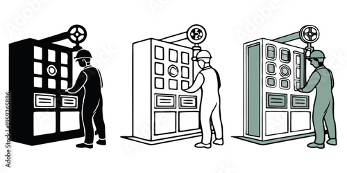 Three workers adjust panels on industrial control cabinets