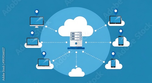 Computers connect to cloud storage and share data with servers and other devices online.
