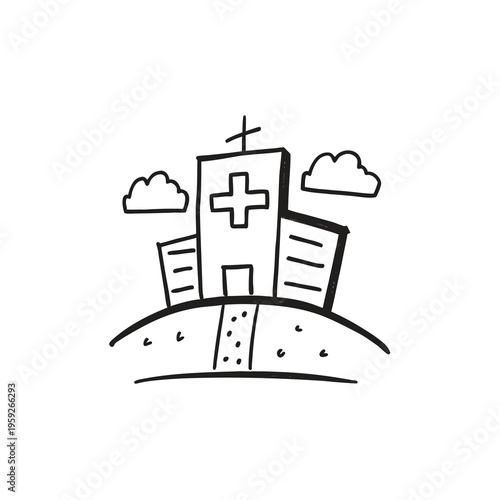 Doodle style hospital building with cross symbol and clouds, vector illustration.