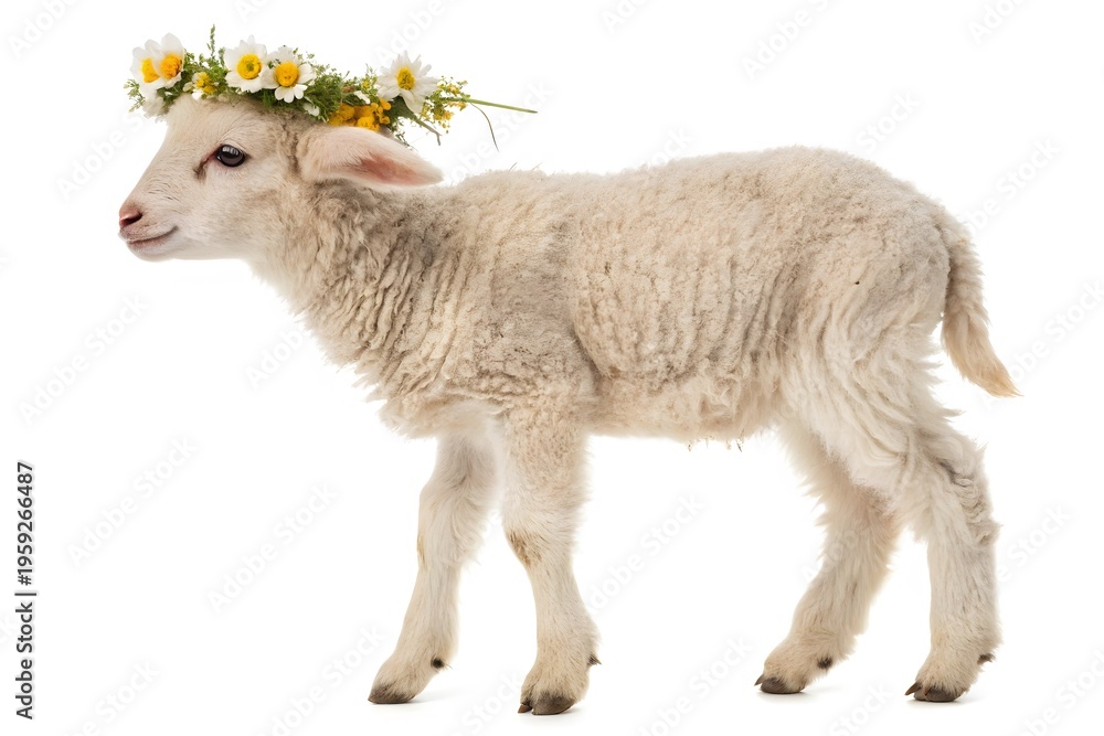 Fototapeta premium Young lamb stands on white background