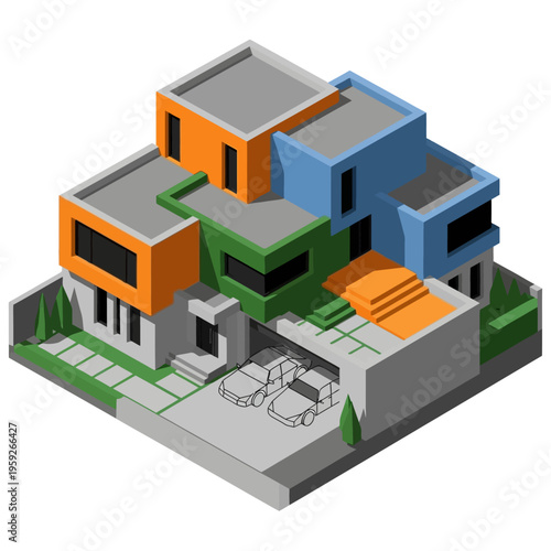 A vibrant, modern, multi-story residential house with a unique geometric design and colorful facade, featuring a driveway with two cars and surrounding greenery.