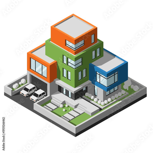 A modern, multi-story residential house with a unique geometric design, featuring colorful sections and a driveway with two cars.