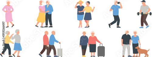 Flat vector illustration set of active senior citizens enjoying retirement activities like gardening painting traveling and exercising with family