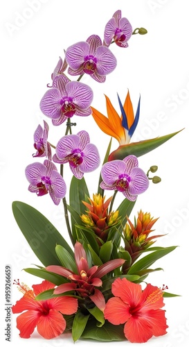 Tropical Elegance: Lush purple orchids sway gracefully next to a striking bird of paradise