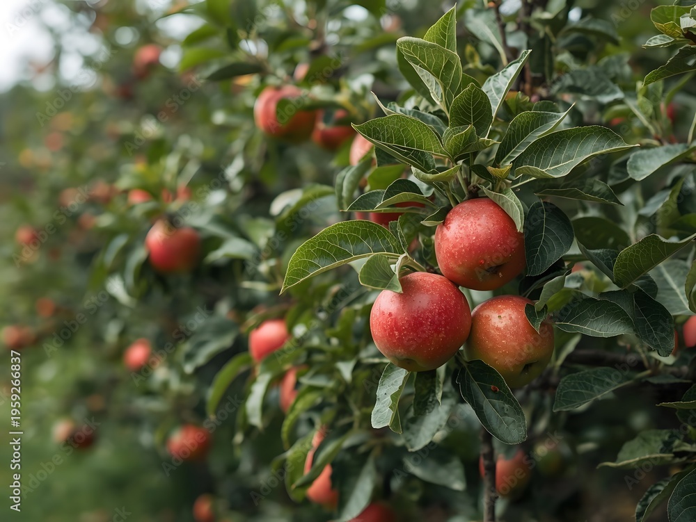Obraz premium Ripe red apples hang from a tree branch