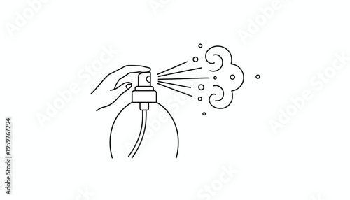 Hand spraying perfume from a bottle, creating a cloud of mist and droplets