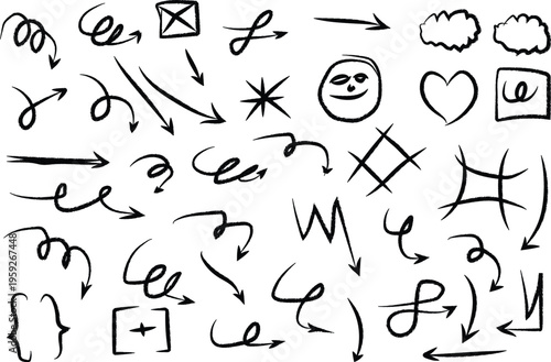 Diverse collection of hand-drawn arrows and expressive doodle elements, perfect for adding an informal, playful, and unique artistic touch to any creative project or annotation