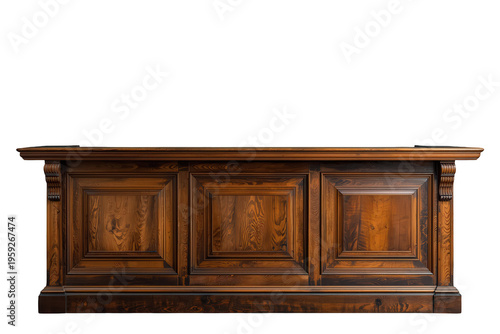 Dark wood antique counter isolated on a transparent background, vintage traditional reception desk or bar furniture for businesses