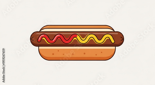 Delicious hot dog with ketchup and mustard on a bun tasty food illustration