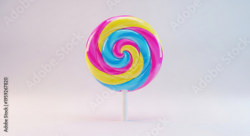 Colorful swirly lollipop on white stick against light gray background sweet treat with pink blue and yellow swirls