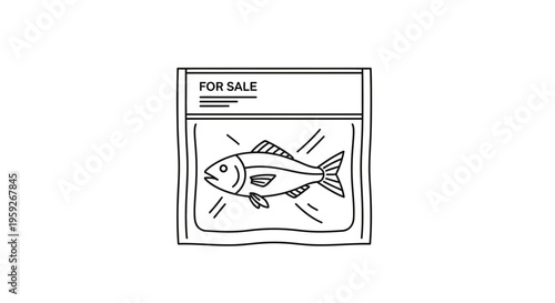 Hand-drawn illustration of a fish in a plastic bag labeled "FOR SALE"