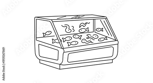 Hand-drawn illustration of a fish market display case filled with various fish.