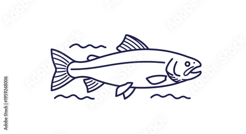 Hand-drawn illustration of a salmon swimming in wavy water, minimalist style