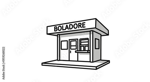 Hand-drawn illustration of a small kiosk or shop labeled "BOLADORE"