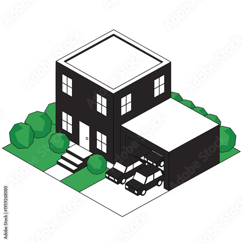 Isometric illustration of a modern black and white two-story house with an attached garage containing two cars, surrounded by green trees and a driveway.