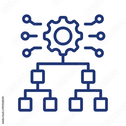 A blue linear icon representing technical process management with a gear and hierarchical chart isolated on transparent background