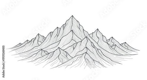 Hand-drawn mountain range illustration, minimalist line art, peak summit landscape