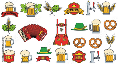 Oktoberfest Beer Festival Icons: Beer Mugs, Pretzels, Accordion, Hats, Hops, Wheat