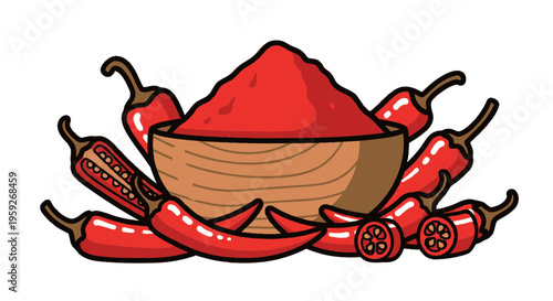 Red Chili Powder in Wooden Bowl Surrounded by Fresh Peppers and Slices