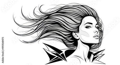 Striking Woman Portrait with Flowing Hair, Black and White Illustration