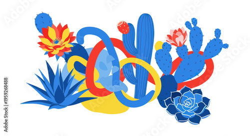 Vibrant Desert Flora: Cacti, Agave, and Succulents with Abstract Shapes