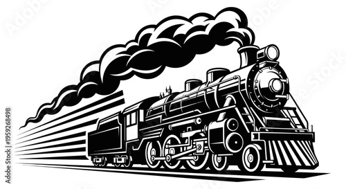 Vintage Steam Train Locomotive Emitting Smoke, Retro Transport Illustration