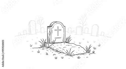Graveyard scene with tombstone, cross, and barren trees, sketch style