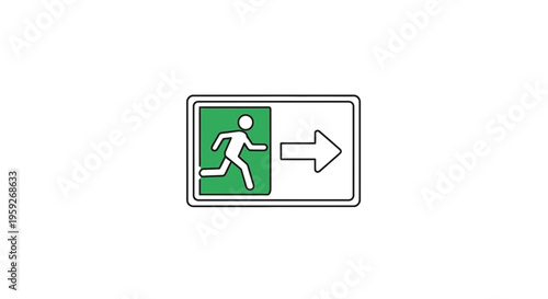Green running man exit sign with arrow pointing right, safety symbol